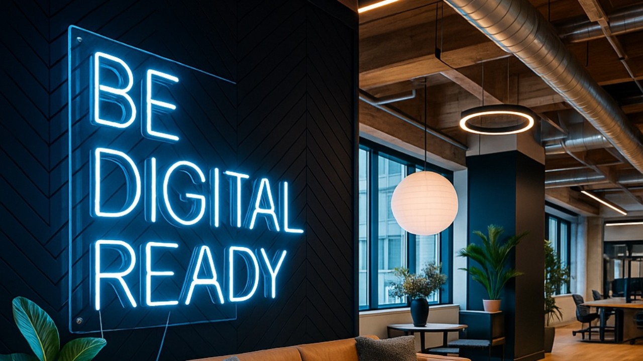 Modern office Pungo space with a neon sign reading 'Be Digital Ready' on a dark textured wall, surrounded by sleek furniture, plants, and large windows, representing Pungo’s commitment to digital innovatio