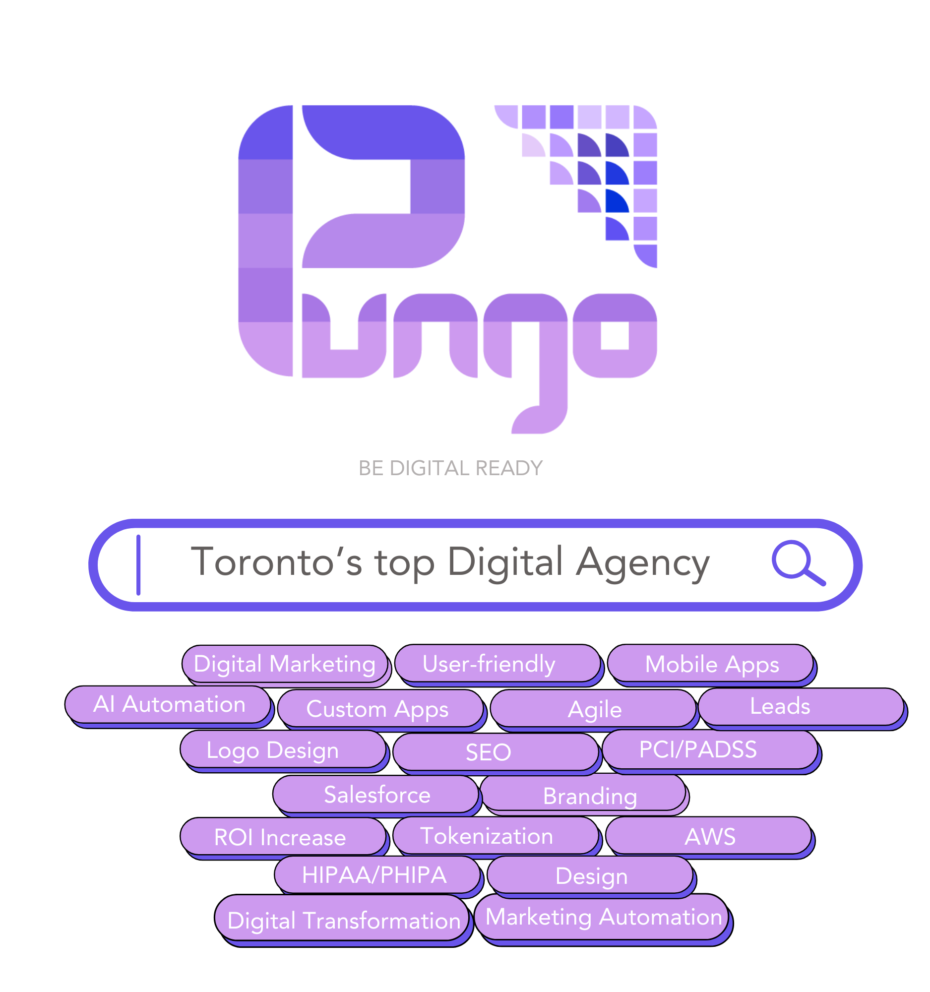 Pungo logo with the slogan 'Be Digital Ready' and a search bar labeled 'Toronto’s top Digital Agency' with keywords such as Digital Marketing, AI Automation, Custom Apps, and more