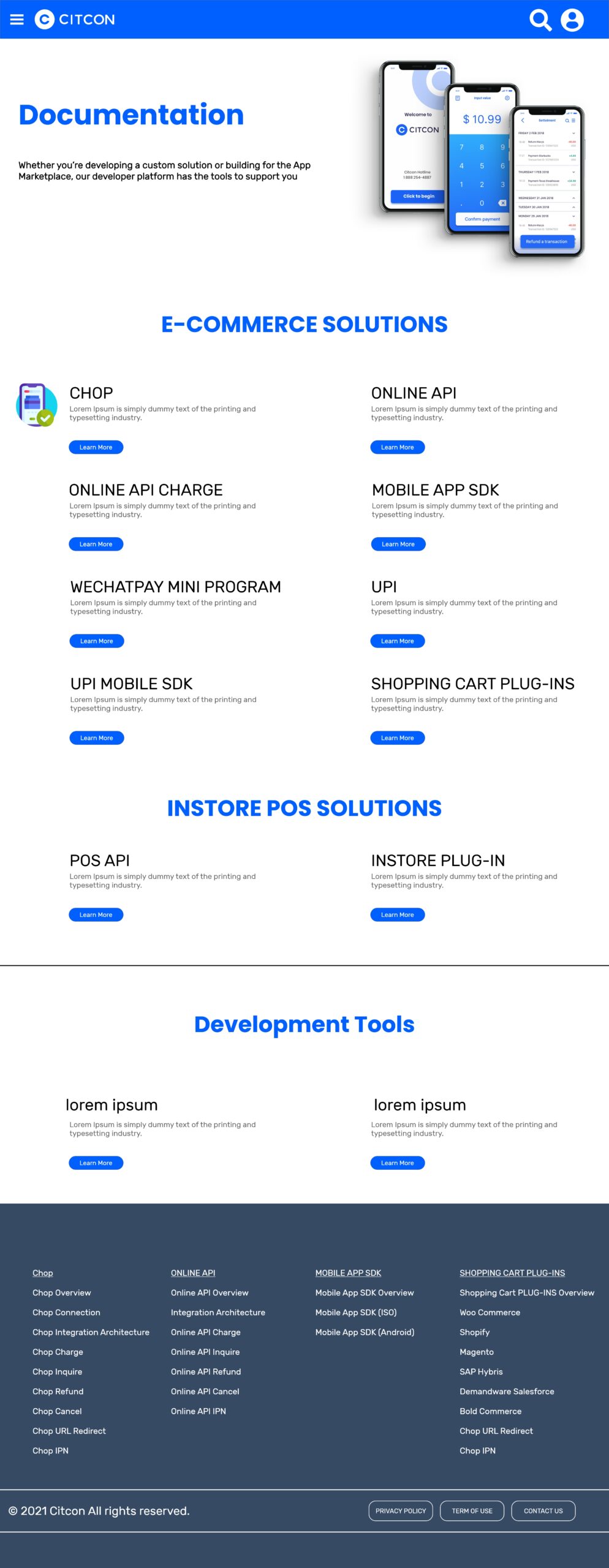 Screenshot of Citcon developer documentation homepage showcasing API and SDK integration tools for e-commerce and POS systems.