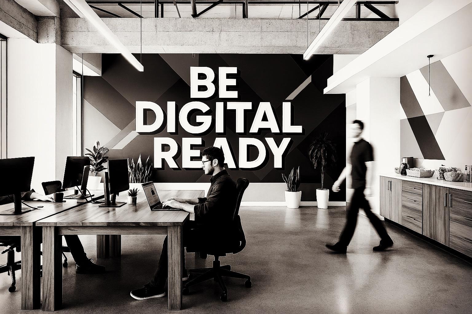 Be Digital Ready at Pungo's headquarters. A person working at a desk and another walking past, showcasing a dynamic and professional environment.